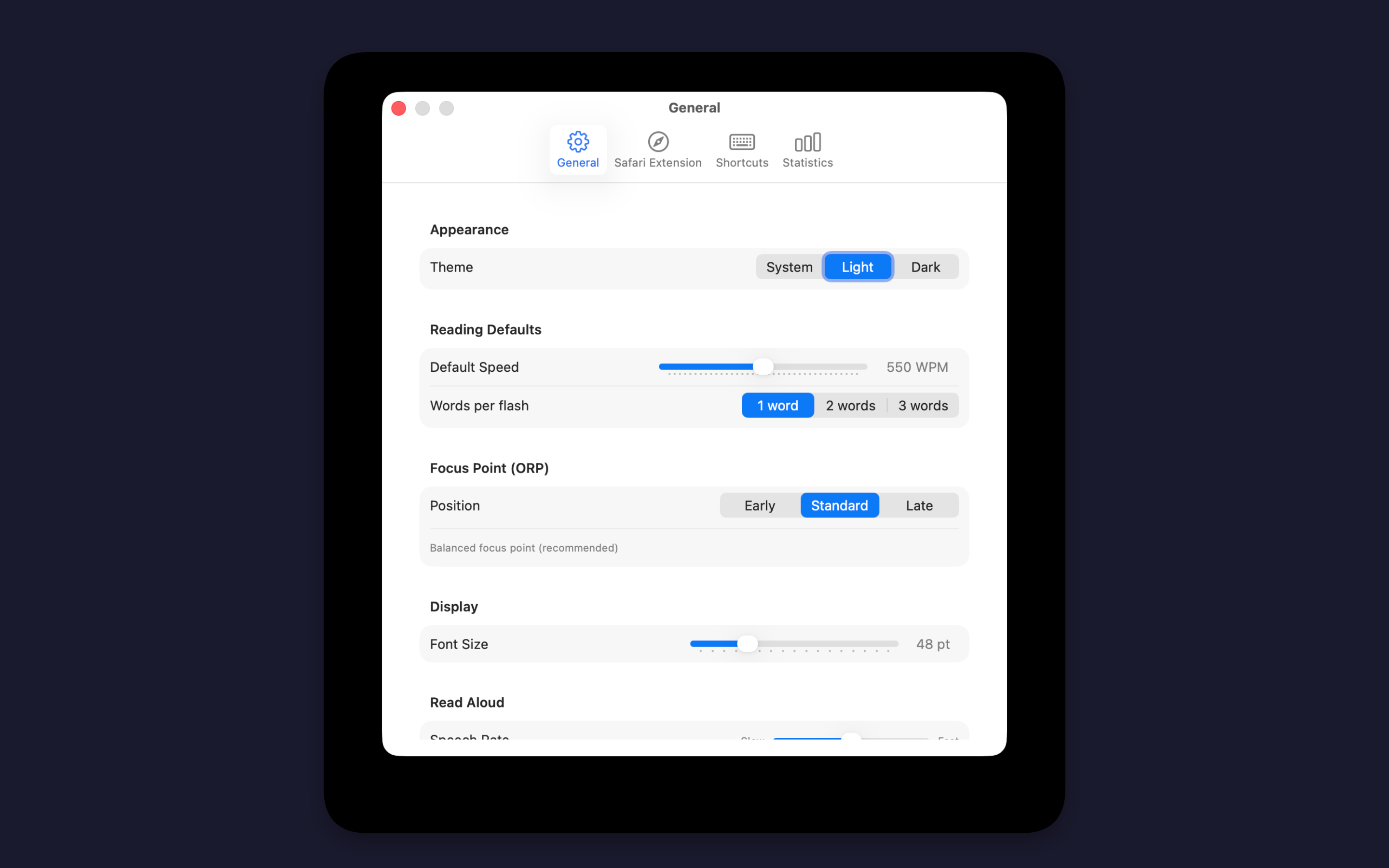 iReadr macOS Settings