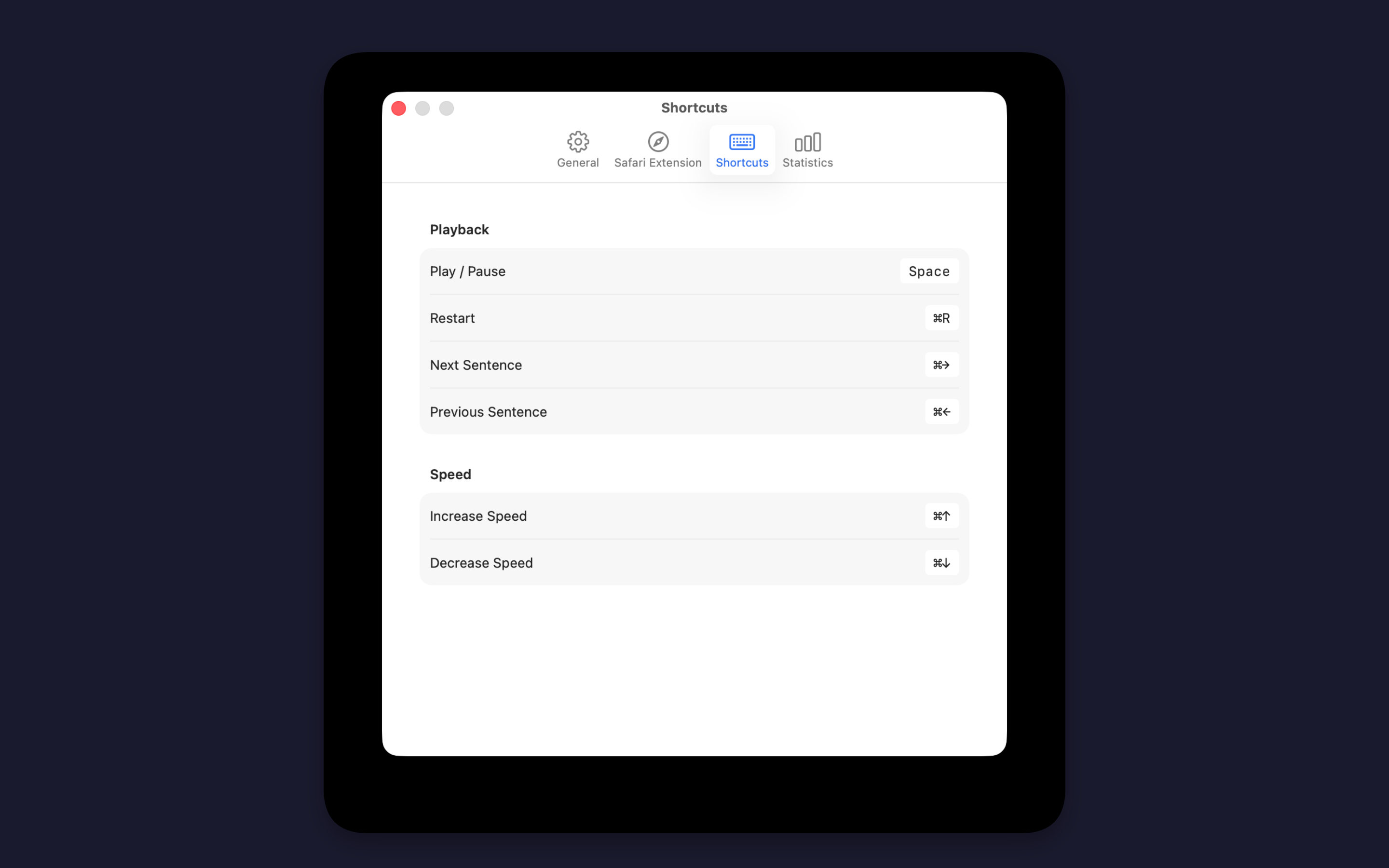iReadr macOS Keyboard Shortcuts